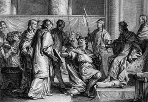 Erispoe (død 857), konge af Bretagne, modtog rigets udsmykning fra hænderne på Charles II den Skaldede (823-877), 851. Gravering af Jean Michel Moreau, dit Moreau le Jeune (1741- 1814) af Jean Michel the Younger Moreau