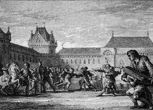 Institution af sider: etablering af træning i sidemetiers fysiske og huslige opgaver. Karolingisk periode, Karl den Stores regne, 8.-9. århundrede. Gravering af Jean Michel Moreau, dit Moreau le Jeune (1741-1814) af Jean Michel the Younger Moreau