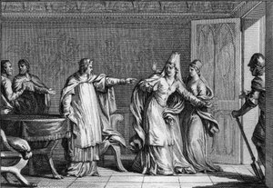 Louis V the Faineant (966-987), konge af frankerne, udviser sin mor, dronning Emma af Italien (945-988), anklaget for at have forgiftet sin mand, kong Lothaire (941-986), 987. Gravering af Jean Michel Moreau , dit Moreau le Jeune (1741-1814) af Jean Michel the Younger Moreau