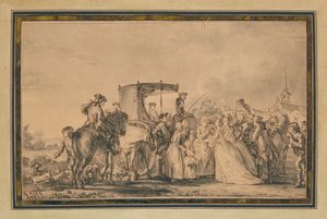 Marie Antoinette, der forlader sin vogn og omgivet af sin kortege, trøster en bonde, 1773 af Jean Michel the Younger Moreau
