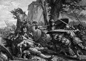 Roland døde under slaget ved Roncesvaux mellem Charlemagnes og saracenernes hær. 778. Stik af Jean Michel Moreau, dit Moreau le Jeune (1741- 1814) af Jean Michel the Younger Moreau