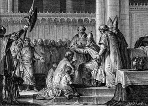 Den hellige Pepin Brief (714-768), Basilica of Saint Denis, 28. juli 754: Pave Stephen II indviede ham til konge af frankerne og Patrice af romerne (Patricius Romanorum). Ved hans side hans to sønner, Carloman og Charles (den fremtidige Karl den Store). Gr
