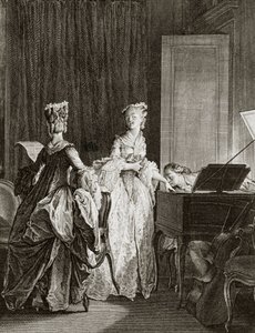 Saint Preux og Claire ved cembalo i "" Julie ou la nouvelle Heloise"" af den schweiziske filosof Jean Jacques (Jean-Jacques) Rousseau (1712-1778) - gravering af Moreau le jeune, Jean Michel (1741-1814) (Saint) -Preux, slår sig ned ved cembalo, kys af Jean Michel the Younger Moreau