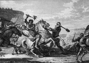 Belejring af Paris af Army of Python IS, 978: en tysk ridder (kejserens nevø) bliver myrdet, mens han forsøger at komme ind i Paris. Gravering af Jean Michel Moreau, dit Moreau le Jeune (1741-1814) af Jean Michel the Younger Moreau