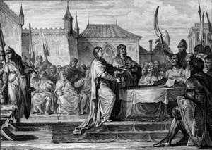 Succession af Pepin the Brief, 768: en forsamling besluttede at dele kongeriget mellem hans to sønner, Karl den Store (747-814) og Carloman (ca. 751-771), og dermed nedbryde de arrangementer, som Pepin the Brief havde lavet. Stik af Jean Michel Moreau, dit af Jean Michel the Younger Moreau