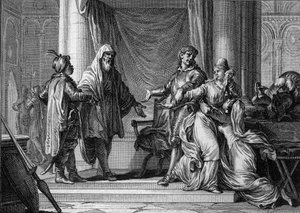 Prinsessen af Aquitaine, Lampagie, blev tvangsgiftet af sin far (Eudes) med den mauriske kaptajn Munuza (Uthman ibn Naissa) for at sikre fred med saracenerne, 730. Gravering af Jean Michel Moreau, dit Moreau le Jeune (1741-1814) )