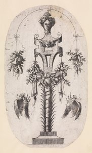 Design til en periode med lederen af kvinde, stropper og trofæer, 1535-55. af Jean Mignon