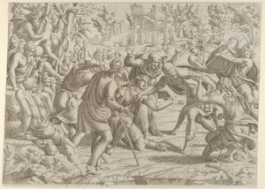 Den forræderiske Sinon bragt ind i Trajans lejr af hyrderne, 1535-55. af Jean Mignon