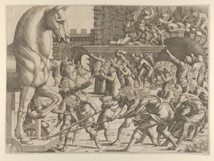 Trojanerne bringer træhesten ind i deres by, 1535-55. af Jean Mignon