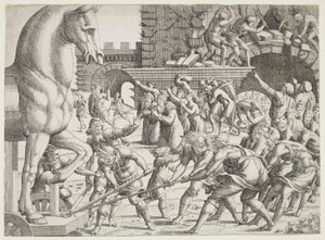 Trojanerne bringer træhesten ind i deres by af Jean Mignon