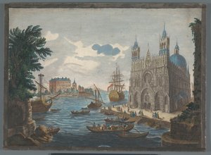 Udsigt over en gotisk katedral på vandet Vue d