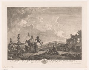 Landskab med figurer ved et springvand La Fontaine du Triton (titel på objekt) Tryk efter malerier af Philips Wouwerman (serietitel) Oeuvres de Ph.pe Wouwermans Hollandois (serietitel)