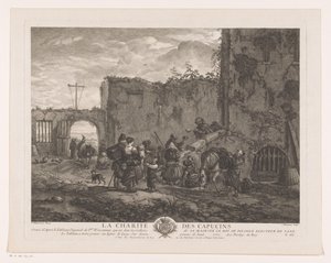 Munke deler mad ud til pilgrimme i en gårdhave La Charité des Capucins (titel på objekt) Tryk efter malerier af Philips Wouwerman (serietitel) Oeuvres de Ph.pe Wouwermans Hollandois (serietitel)