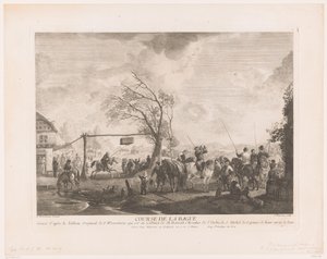 Ringeskilt på en landsbykro Cours de la bague (titel på objekt) Tryk efter malerier af Philips Wouwerman (serietitel) Oeuvres de Ph.pe Wouwermans Hollandois (serietitel) af Jean Moyreau