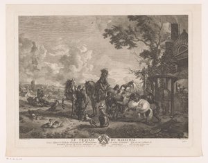 Ryttere hos en beslagsmed Le Travail du Marechal (titel på objekt) Tryk efter malerier af Philips Wouwerman (serietitel) Oeuvres de Ph.pe Wouwermans Hollandois (serietitel)