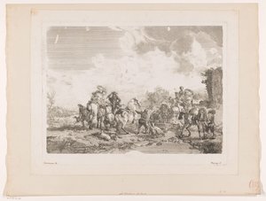Hvilende jagtselskab ved et springvand La Fontaine de Venus Tryk efter malerier af Philips Wouwerman (serietitel) Oeuvres de Ph.pe Wouwermans Hollandois (serietitel)