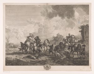 Hvilende jagtselskab ved et springvand La Fontaine de Venus Tryk efter malerier af Philips Wouwerman (serietitel) Oeuvres de Ph.pe Wouwermans Hollandois (serietitel) af Jean Moyreau