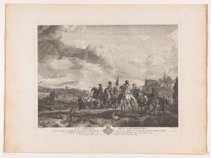 Hvilende jagtfest i et landskab Le Conseil des Chasseurs (titel på objekt) Tryk efter malerier af Philips Wouwerman (serietitel) Oeuvres de Ph.pe Wouwermans Hollandois (serietitel)