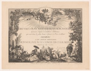Titeltryk med figurer og dyr i et landskab, med portrættet af Philips Wouwerman Tryk efter malerier af Philips Wouwerman (serietitel) Oeuvres de Ph.pe Wouwermans Hollandois (serietitel på objekt)
