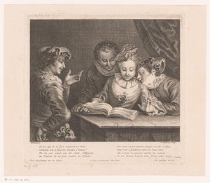 Syngende ung kvinde og tre unge mænd ved et bord Oeuvre af Antoine Watteau (serietitel) L