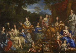Fransk: Portrait mythologique de la famille de Louis XIV Mytologisk portræt af Louis XIV og den kongelige familie