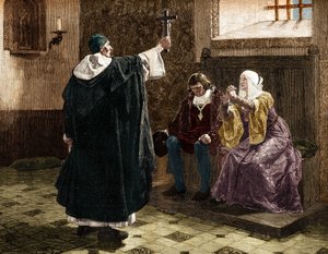 Den store spanske inkvisitor, Fray Tomas de Torquemada (1420-1498), blandt de katolske konger Ferdinand II og Isabella 1. af Castilla