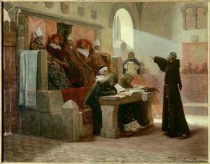 Albigeoise Inquisition: "Agitatoren fra Languedoc Bernard Delicieux (1260-1318), franciskanermunk under hans retssag." Dommens scene: på første række i midten, over for Bernard Delicieux, er den store inkvisitor omgivet af to religiøse, bagved af Jean Paul Laurens