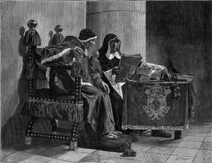 Paven og inkvisitoren siger også "Sixte IV (1471-1484) og Tomas de Torquemada (1420-1498)"" gravering efter maleriet af John Paul Laurens (1838-1921) af Jean Paul Laurens