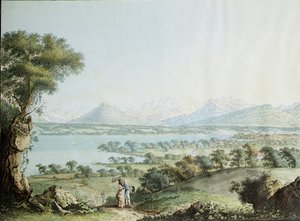 Udsigt over Mont Blanc med Genève i forgrunden, indgraveret af Jean Philippe Linck II (1770-1812) og Jacob Philippe Hackert (1737-1807) af Jean Philippe II Linck