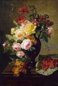 Roser, valmuer, vægblomster i en vase med hindbær (olie på lærred) af Jean Pierre Lays