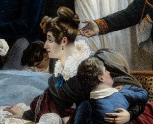 Napoleons død, 5/05/1821 i Saint Helenedetail repræsenterende Fanny Bertrand, hustru til Henri Gatien Bertrand (1773-1844). Litografi af Jean Pierre Marie Jazet (1788-1871) baseret på maleriet af Charles Auguste Steuben (1788-1856) Malmaison. Chateau