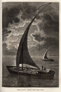 Les barques du haut Nile, reduceret besætning og passagerer, der sover på dækket, i måneskin, gravering efter J. Moynets tegning, der illustrerer rejsen til Afrikas hjerte i 1868-1871, af Dr. Georges Schweinfurth, udgivet i "" Le tour du monde”” 1874, udg