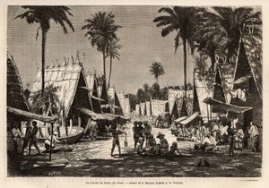 Dobbos march på Arou Island, et havnecenter, animeret af mange købmænd og skibsbygning, indgraveret efter tegningen af J. Moynet, der illustrerer rejsen til den malaysiske øgruppe i 1854-1862, af Alfred Russell Wallace (1823-1913) ), en britisk
