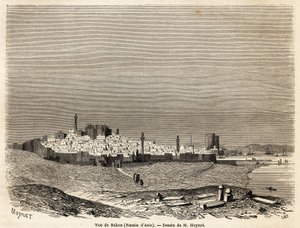Udsigt over Baku (Rusland, Aserbajdsjan), tegning af Mr. Moynet, for at illustrere rejsen til Det Kaspiske Havs kyst, i oktober 1858, af Mr. Moynet. Indgravering i "" Le tour du monde, nouveau journal des voyages"" Paris