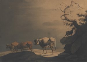 Køer og en ged i et landskab, 1774. af Jean Pillement.