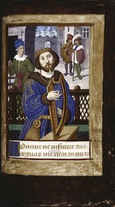 Kong David spiller på sin harpe fra Lettres bâtardes, ca 1490-1510
