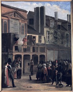 La Parade de Bobèche et Galimafre, maleri af Jean Roller, der repræsenterer en folkemængde, der ser et gadeshow. Oliemaleri fra det 19. århundrede. af Jean Roller