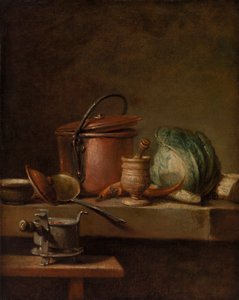Stilleben med kobbergryde, kål, støder og komfur af Jean Baptiste Simeon Chardin