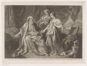 Sara stelt Hagar voor aan Abraham Og Sarai Abrams Hustru tog Hager sin Tjenestepige, den egyptiske, og gav hende til sin Mand Abram for at være hans Hustru (titel på objektet)