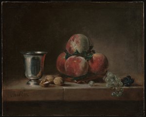 Stilleben med ferskner, sølvbæger, druer og valnødder af Jean Baptiste Simeon Chardin