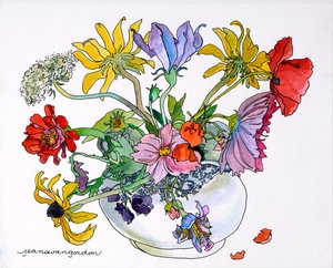 Black Eyed Susans, Queen Annes Lace  Cosmos in Blue  White China Bowl (akvarel og blæk på papir)