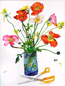 Poppies, Blue Vase  Scissors (akvarel og blæk på papir) af Jean Swan Gordon