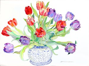 Tulipaner i skål med malet fiske- og fugledesign, 2006 (akvarel og blæk på papir)