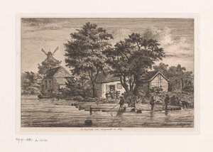 Udsigt over den engelske vest i Antwerpen, hvorpå træstammer er samlet, bygninger og en mølle i baggrunden Den engelske vest færdiggjort i 1867 (titel på objekt) af Jean Théodore Joseph Linnig