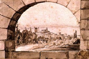 Udsigt over byen og søen Bracciano, ca. 1810 (pen & sepia blæk med sepia vask på papir) af Jean Thomas Thibault