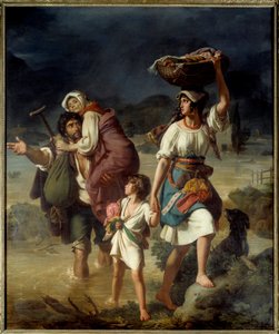 A family of Contadini surprised by a speedy overflow of the Tiber escapes through the waters, called peasants of the Roman countryside fleeing a flood. Painting by Victor Schnetzdani
