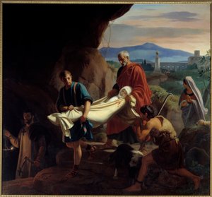 Begravelse af en ung kristen kvinde i katakomberne i Rom på tidspunktet for forfølgelse. Maleri af Victor Schnetz (1787 - 1870)