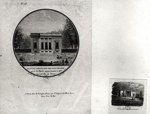 Udsigt over en pavillon i Louveciennes bygget af Claude-Nicolas Ledoux (1736-1806) til Madame du Barry (wc på papir) af Jean Testard