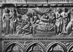 Katedral, interiør, korskærm, Visitation, Bebudelse til hyrderne, Fødsel, ca. 1340-51 (polykrom sten) af Jean and Jean Le Boutellier Ravy