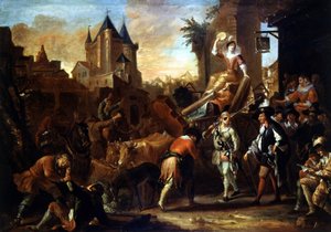Komikernes ankomst til Le Mans maleri, der illustrerer ""The Comic Roman"" af Paul Scarron (1610-1660). Maleri af Jean-Baptiste (Jean Baptiste) Coulom (eller Coulon) (ca. 1695-1735)